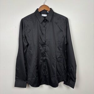 Siliteelon Large Satin Button Up Black Long Sleeve Collared Professional Shirt